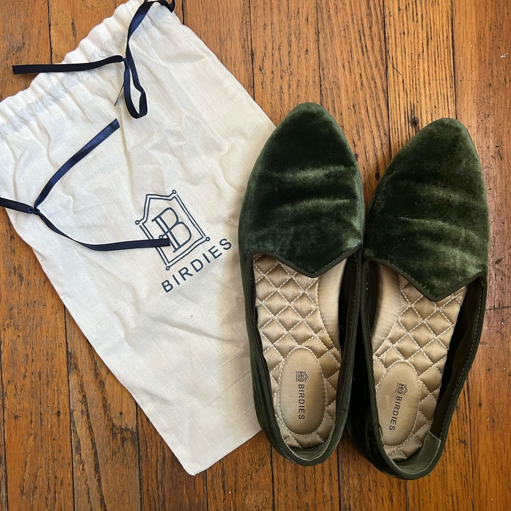 Birdies Velvet Pointed-Toe Flats in Olive Green